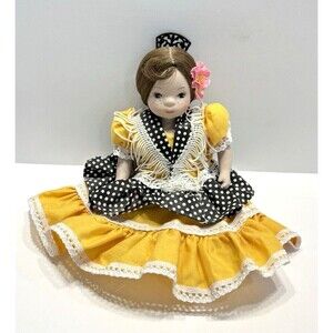 Vintage Marin Chiclana Spanish Porcelain Doll Flamenco Polk Dot Yellow 8" Dancer